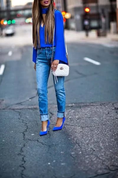 Royal Blue Suede Heels with Choker Neck Bell Sleeve Blouse