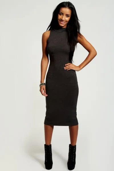 Sleeveless Midi Bodycon Dress with Black Heeled Ankle Leather Boots