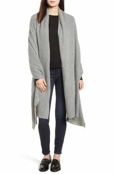 Grey Longline Knit Cardigan with Black Sweater & Loafers