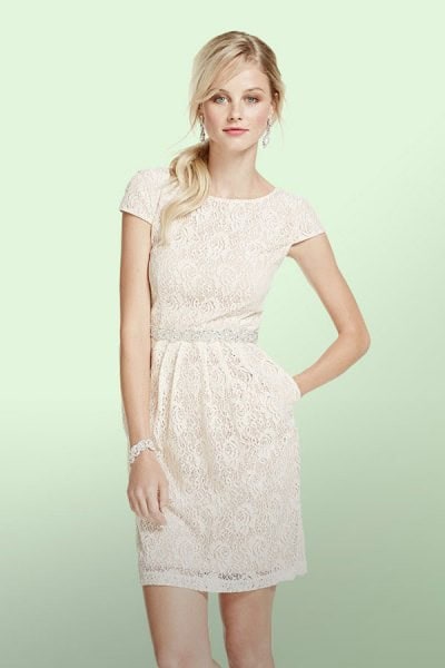 White Cap Sleeve Gathered Waist Mini Lace Dress