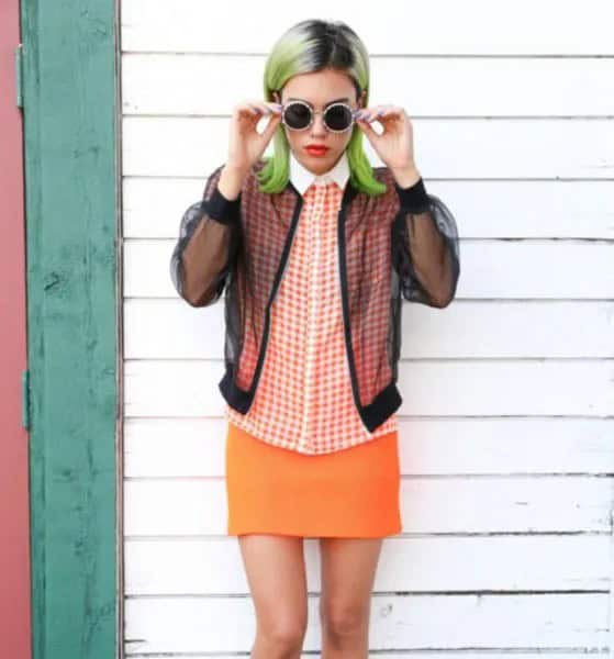 Black Jacket with Plaid Shirt & Orange Skirt