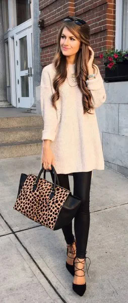 Pale Pink Tunic Knit Sweater with Black Skinny Leather Pants