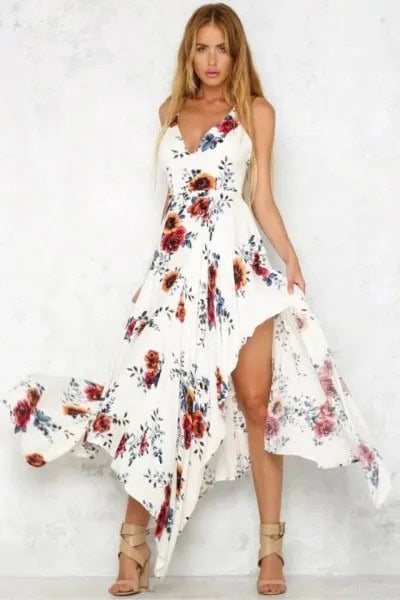 White Asymmetric Floral Long Dress