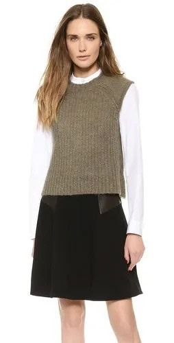 Green Ribbed Sweater Vest with Black Flared Mini Skirt