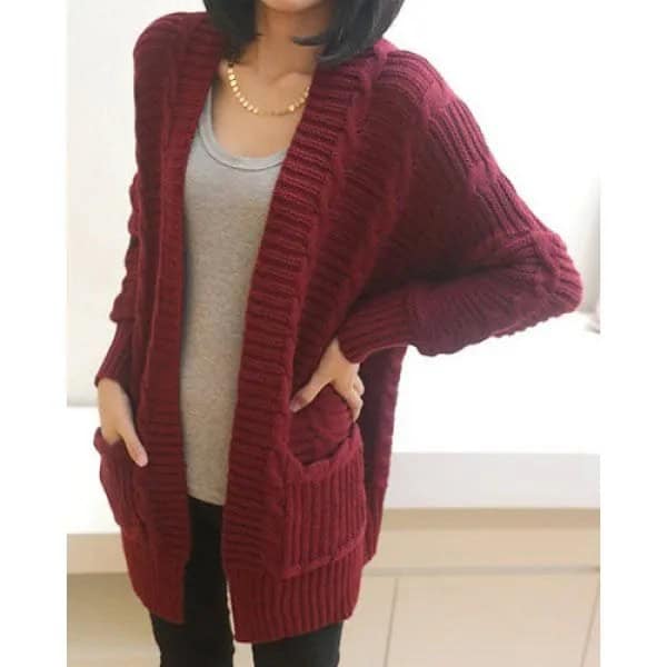 Burgundy Cardigan with T Shirt & Jeans