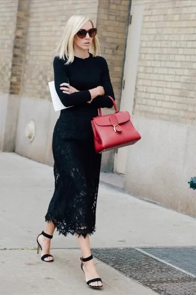 Maxi Lace Dress with Black Crew Neck Sweater