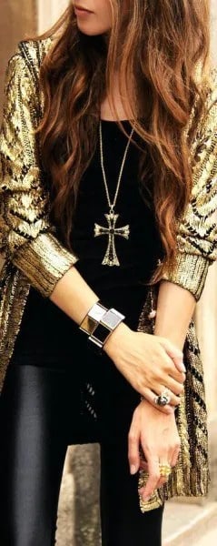 Gold Shiny Sequin Long Cardigan with Black Leather Leggings