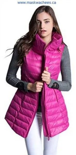 Hot Pink Long Down Vest with Grey Ribbed Form Fitting Sweater