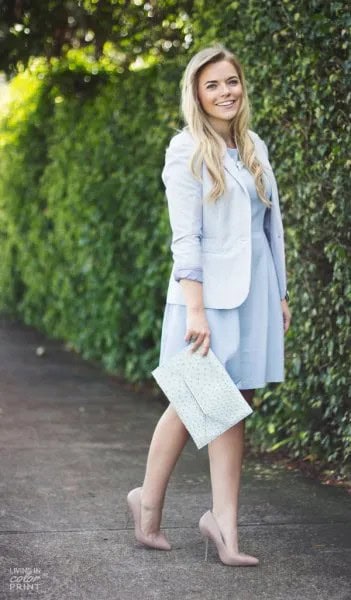 Sky Blue Knee Length Pleated Dress with Light Blue Blazer