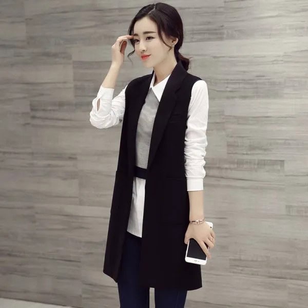 Black Longline Vest with White Tunic Shirt & Grey Mini Vest