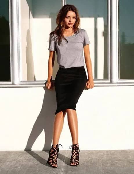 Grey T Shirt with Black Midi Skirt & Strappy Lace Up Heels