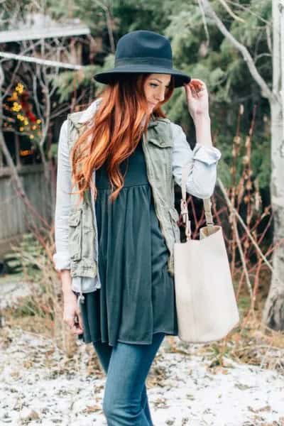 Grey Babydoll Dress with Chambray Shirt & Jeans