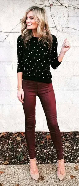 Black and White Polka Dot Crew Neck Sweater with Jeans & Pale Pink Heels