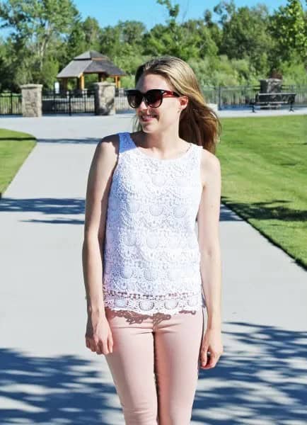 White Crochet Sleeveless Top with Pink Skinny Jeans