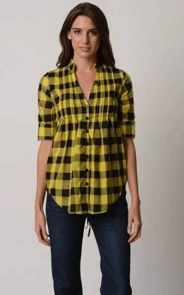 Yellow and Black Plaid Peplum Shirt with Dark Slim Fit Jeans