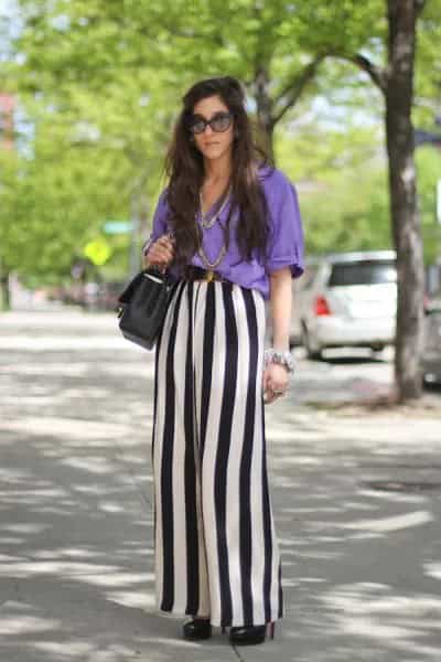 Sky Blue Blouse with Black and White Striped Wide Leg Pants