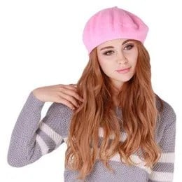 Pink Painters Cap with Grey and White Knit Sweater