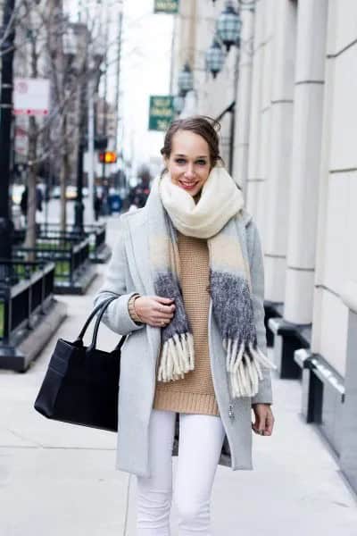 Blush Pink Sweater with Light Grey Wool Coat & White Jeans