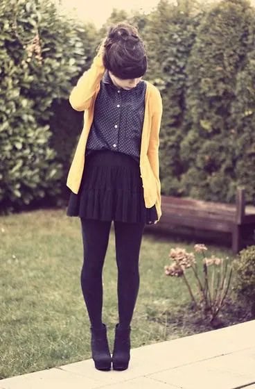 Cardigan with Black Polka Dot Shirt with Mini Pleated Skirt