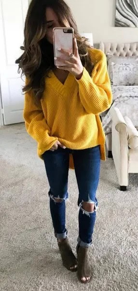 Yellow V Neck Chucky Knit Sweater with Blue Skinny Ripped Jeans