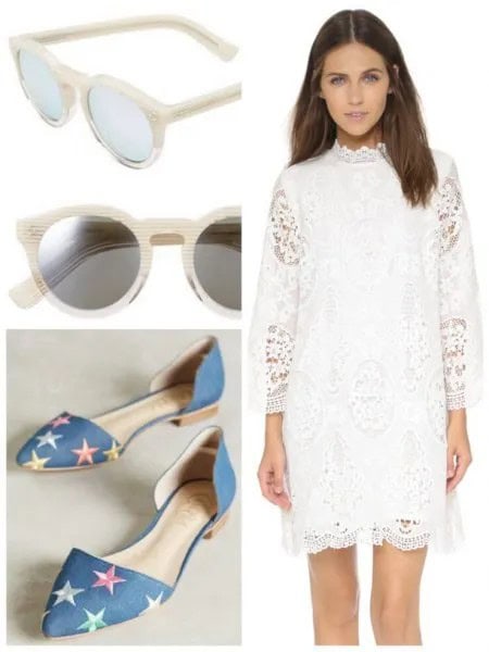 White Mock Neck Three Quarter Sleeve Lace Mini Dress with Denim Star-Printed Flats