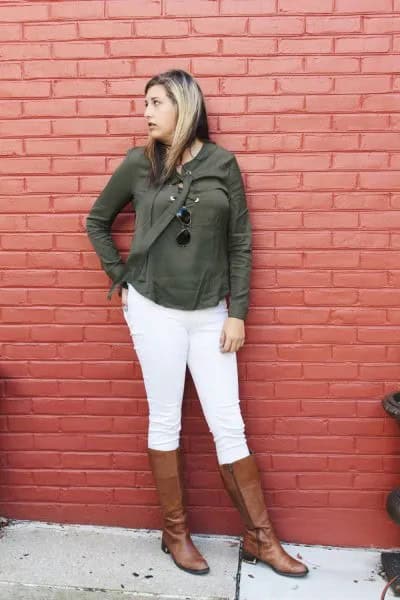 Olive Green Tee with Matching Cardigan & White Skinny Jeans