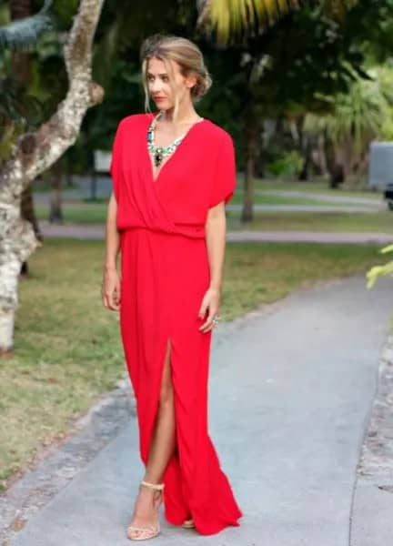 Red V Neck Short Sleeve Wrap Slit Dress with Bobo Necklace