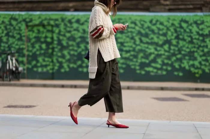 Ivory Cable Knit Chunky Sweater with Green Wide Leg Pants