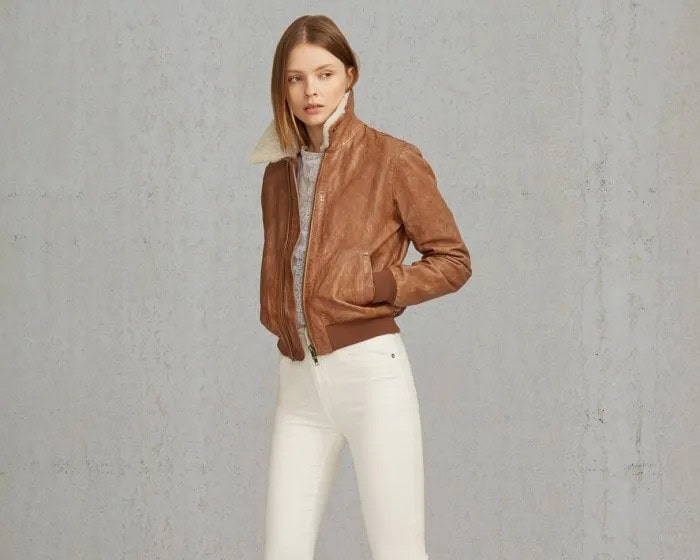 Brown Shearling Bomber Jacket with Heather Grey Tee & White Jeans