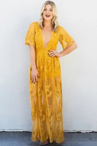 Yellow Short Sleeve Deep V Neck Printed Long Dress