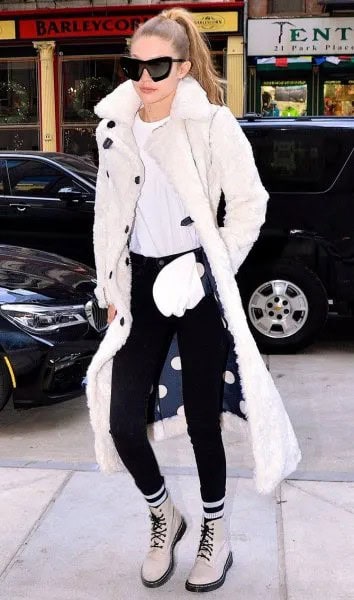 White Combat Boots with Long Faux Fur Coat