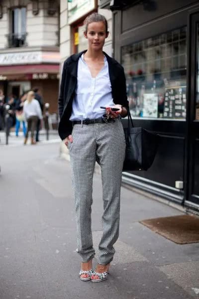 White Button Up Shirt with Black Casual Blazer & Checkered Flannel Pants