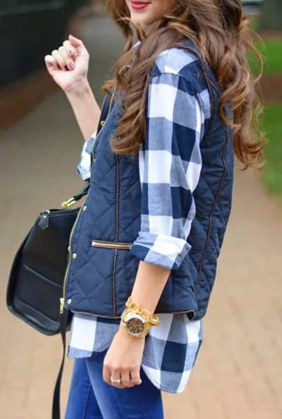 Black and White Plaid Boyfriend Shirt with Navy Blue Vest & Slim Fit Jeans