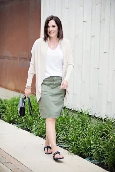 Pale Pink Sweater Cardigan with White V Neck Tee & Knee Length Skirt