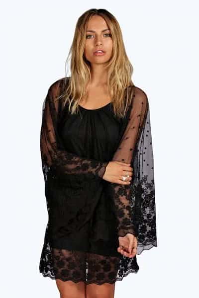 Black Shift Dress with Lace Semi-Sheer Overlay