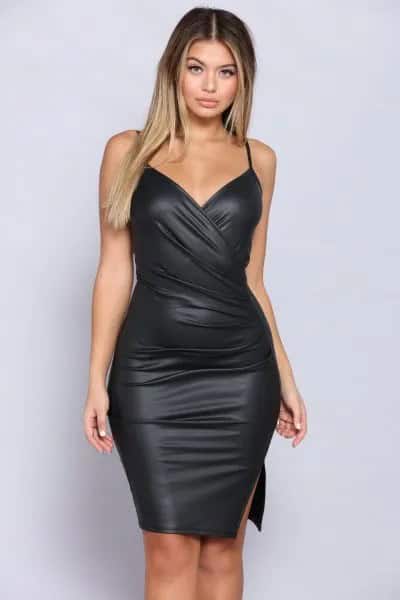 Black Spaghetti Strap Wrap Leather Dress