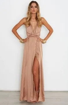 Bronze Deep V Neck Pleated Silk Maxi Dress