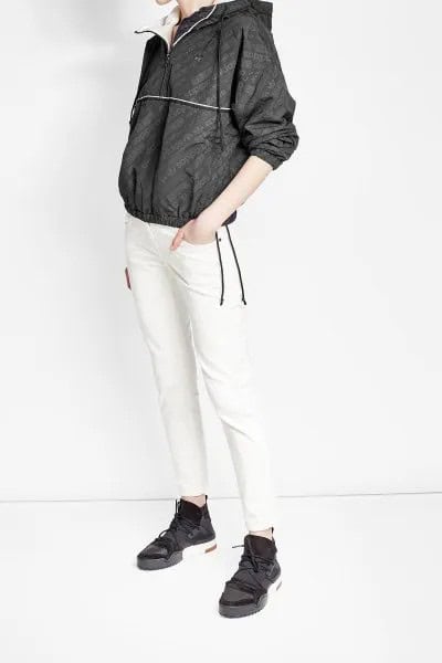 Black Jacket with White Skinny Windbreaker Pants