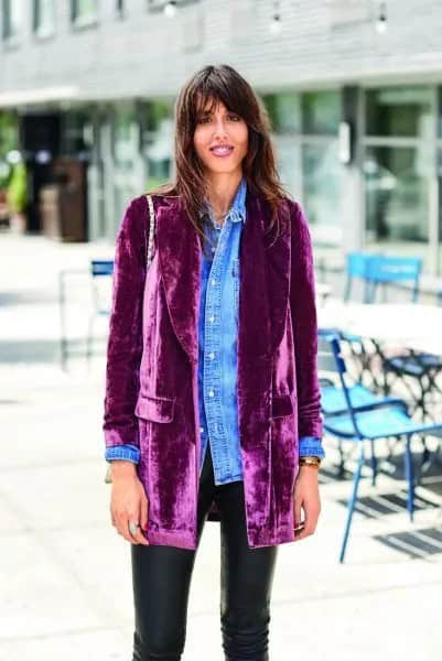 Velvet Blazer with Chambray Shirt