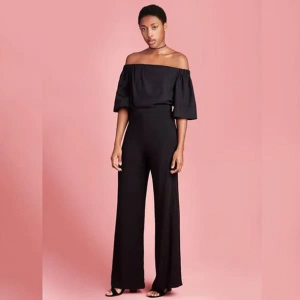 Black Off The Shoulder Blouse with High Rise Wide Leg Pants