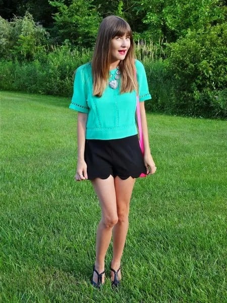 Light Blue Boho Style Top with Black Scalloped Shorts