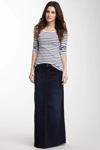 Black and White Striped Tee & Dark Blue Denim Maxi Skirt