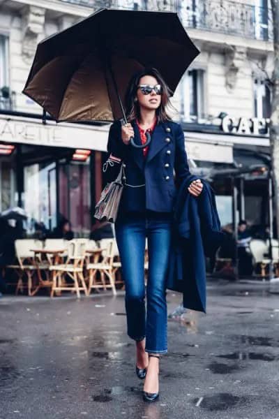 Navy Military Blazer with Cuffed Blue Jeans