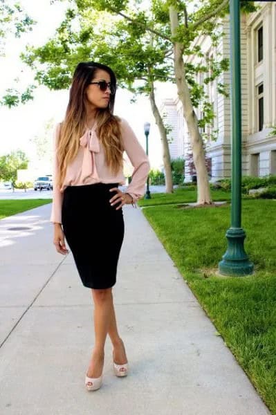 Blush Pink Bow Blouse with Black Pencil Skirt