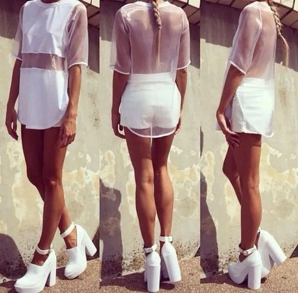 See-Through Mesh Top with White Mini Shorts