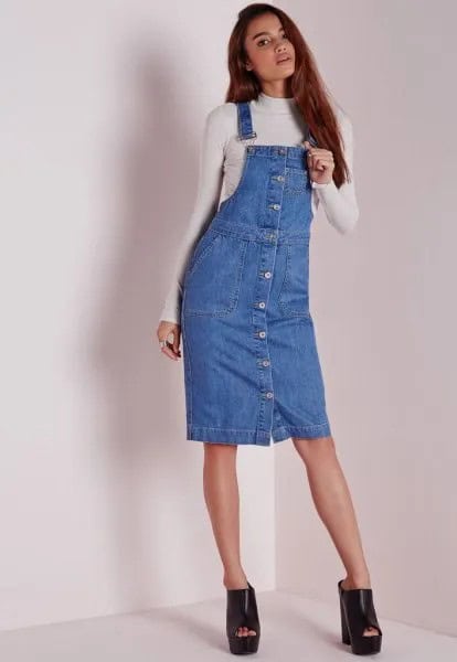 Button Front Denim Overall Dress with White Form Fitting Sweater