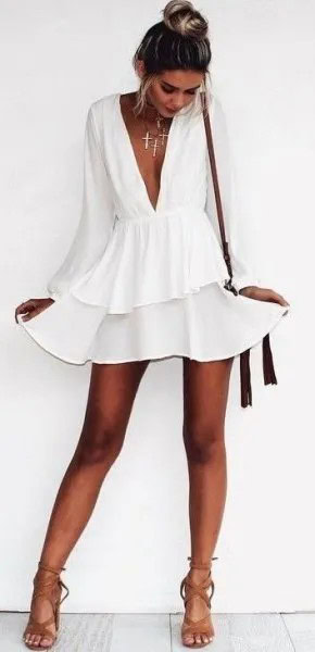 White Long Sleeve Deep V Neck Chiffon Skater Dress