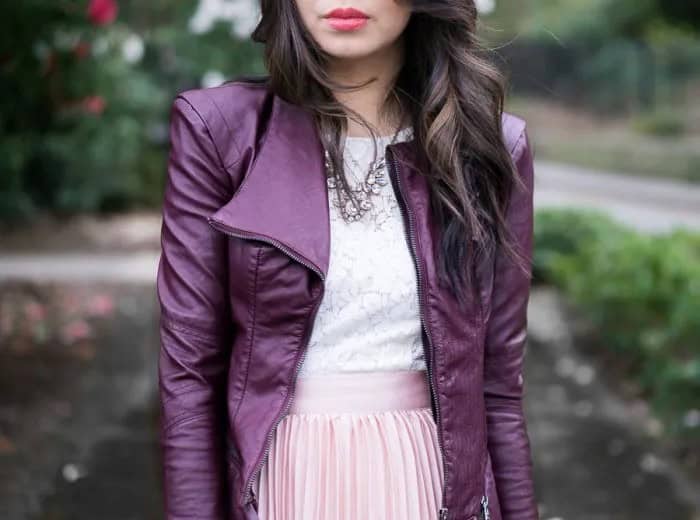 Purple Leather Jacket with White Lace Top & Pink Pleated Skirt