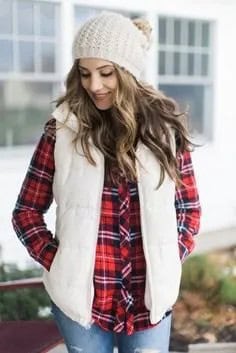 White Knit Hat with Red and Black Plaid Shirt & Light Blue Jeans