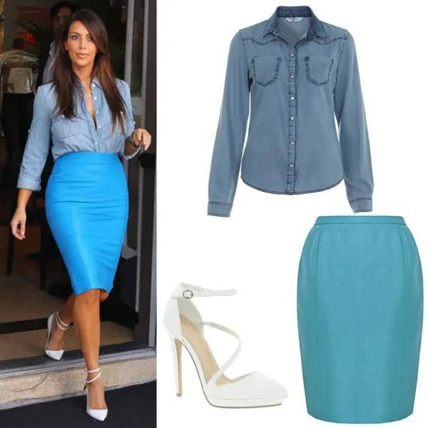 Teal Chambray Shirt with Sky Blue Pencil Skirt